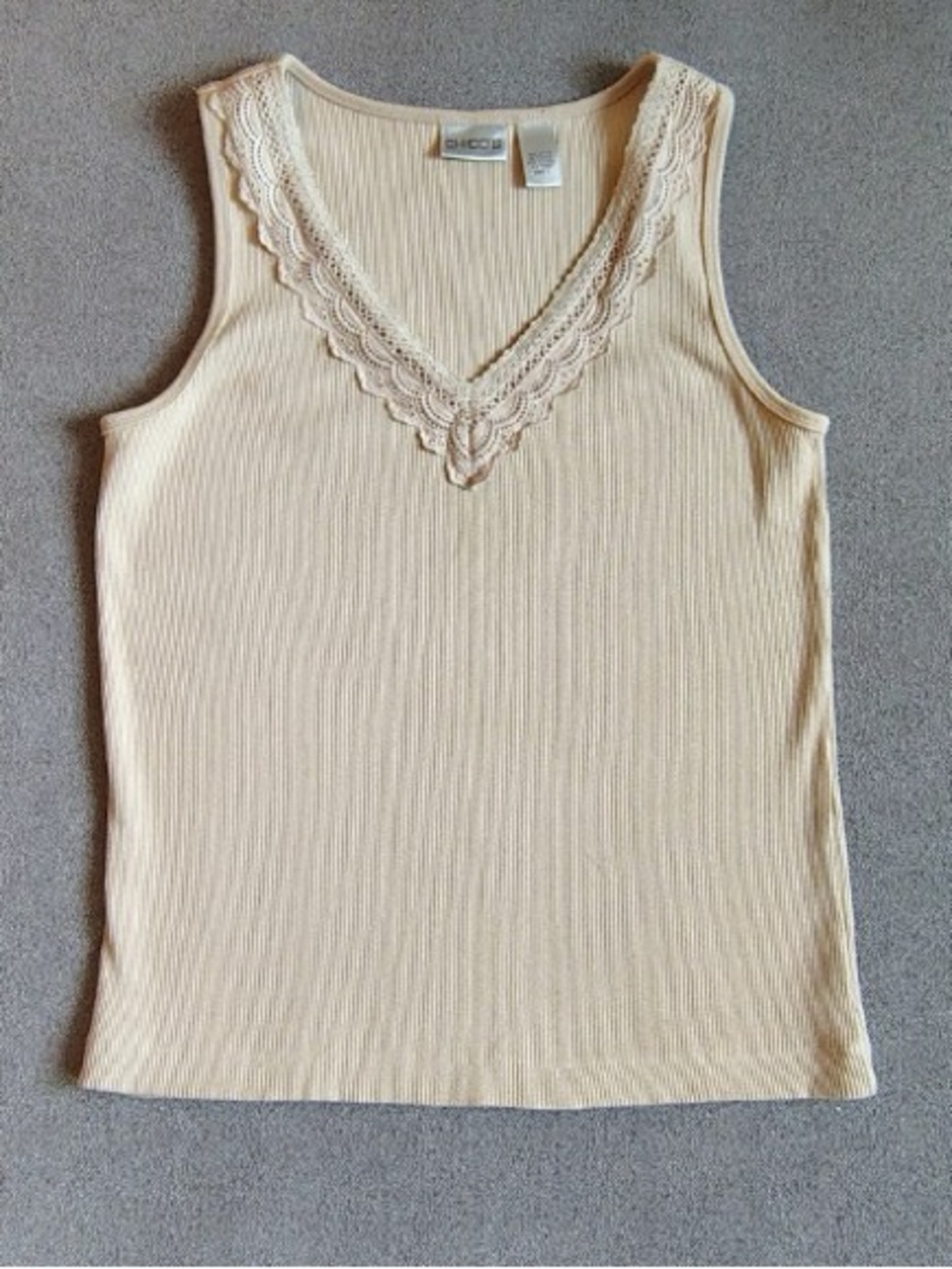 Vtg 90s Chico’s Ribbed Lace Trim Tank Women M Beige Stretch Vneck Sleeveles
